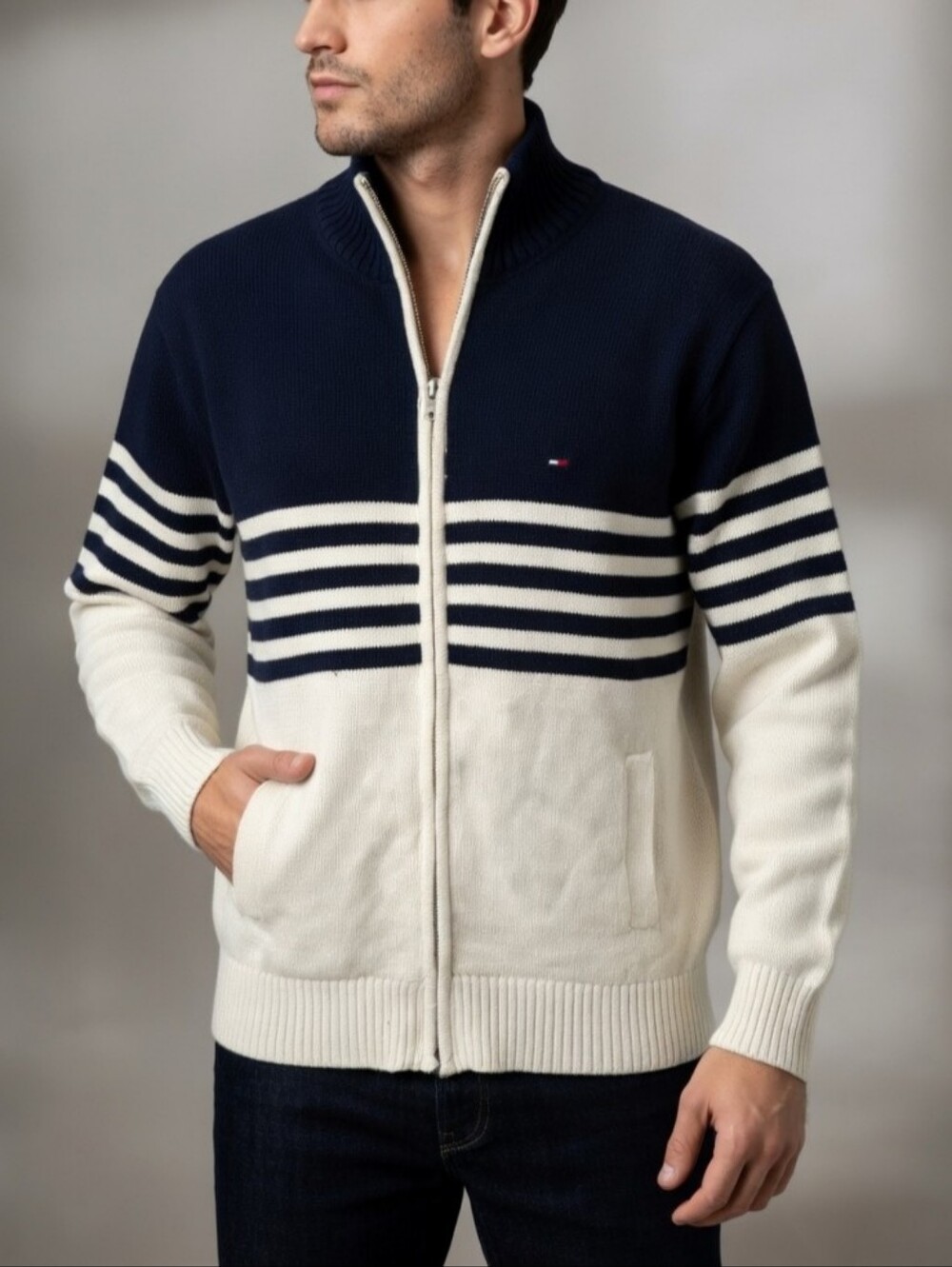 Tommy Hilfiger Men's Preppy Navy and White Zip-Front High-Neck Sweater Size M